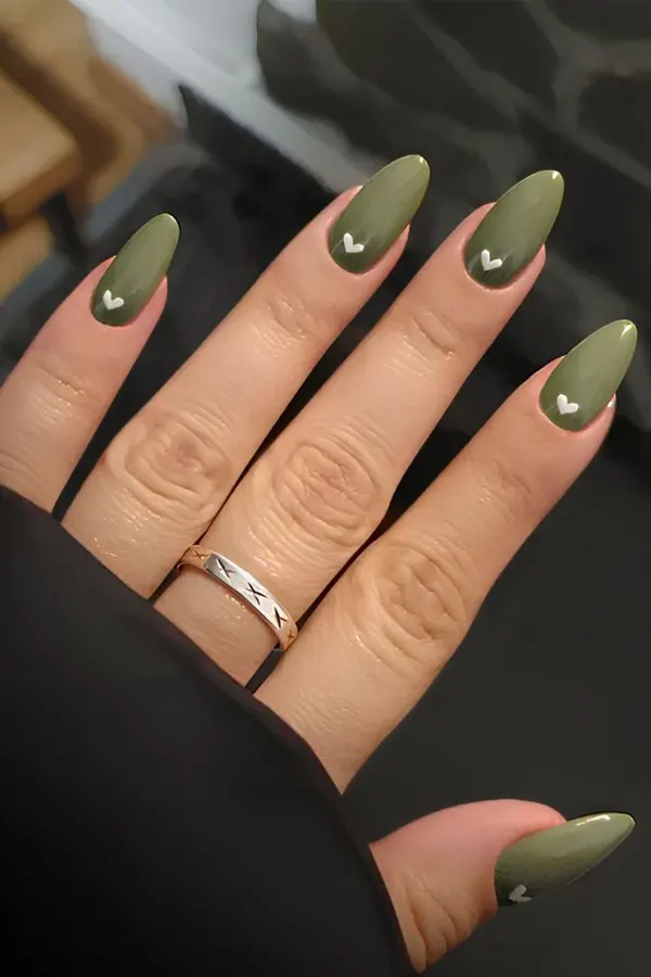 Olive and White Tiny Heart Nails
