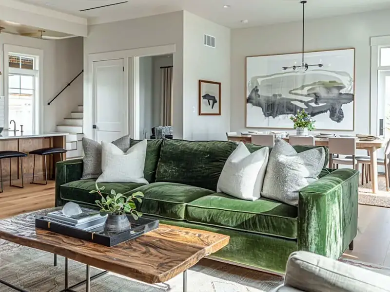 29 Green Couch Living Room Ideas with Bold Style 16 Open Concept Living Room with Green Couch