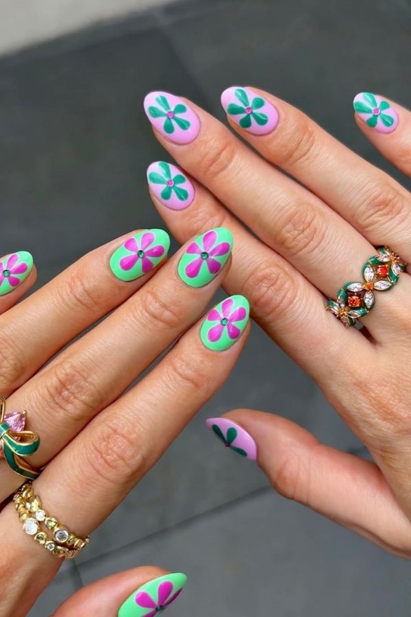 41 Fun Summer Nails Designs To Level Up Your Look This Season 13 Pink Green Floral Mani Art