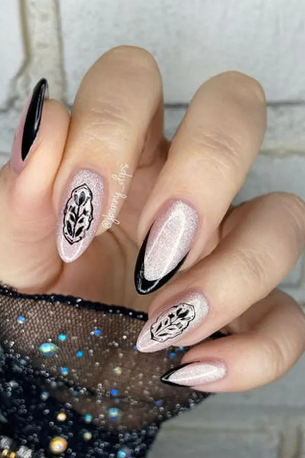 37. Glam Fall Wedding Nail Ideas For Guests & Bride That Look Great in Every Photo 16 Pink Quartz Nails with Black Floral French Tips