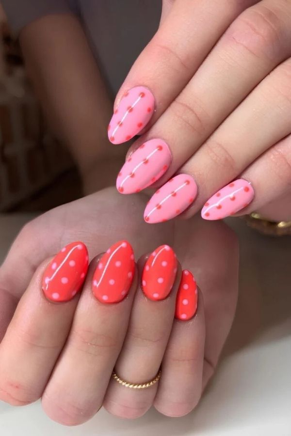 39 Gorgeous Coral Nail Designs Ideas for Short and Long Nails 15 Playful Coral Pink Polka Dots