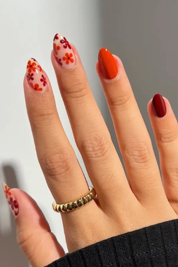 47 Cozy Cute Fall Nails Designs Autumn Mani Ideas You Must Try This Season 19 Rust-Infused Florals Nails Art