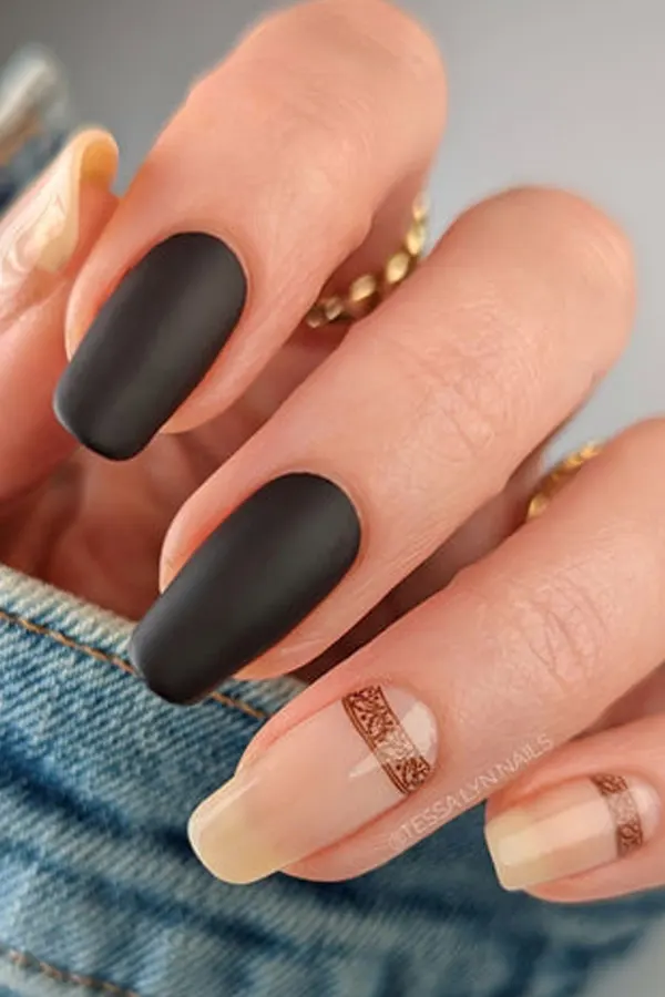 37. Glam Fall Wedding Nail Ideas For Guests & Bride That Look Great in Every Photo 23 Rustic Matte Black Floral French Tips