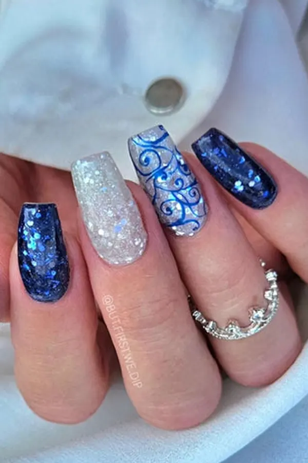 37. Glam Fall Wedding Nail Ideas For Guests & Bride That Look Great in Every Photo 24 Sapphire and Diamond Glitter Nails for Glamorous Brides