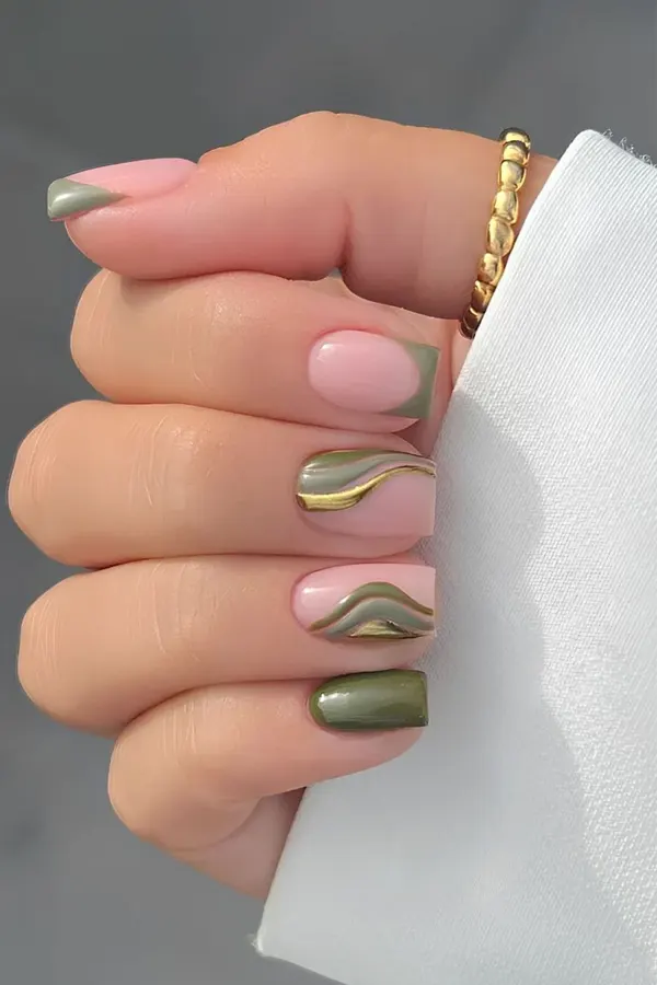Side Swoop Nail Art with Gold Swirls