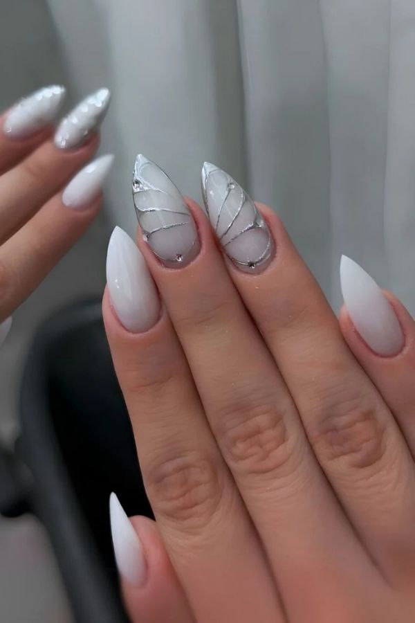 Silver Butterfly Chrome White Nails