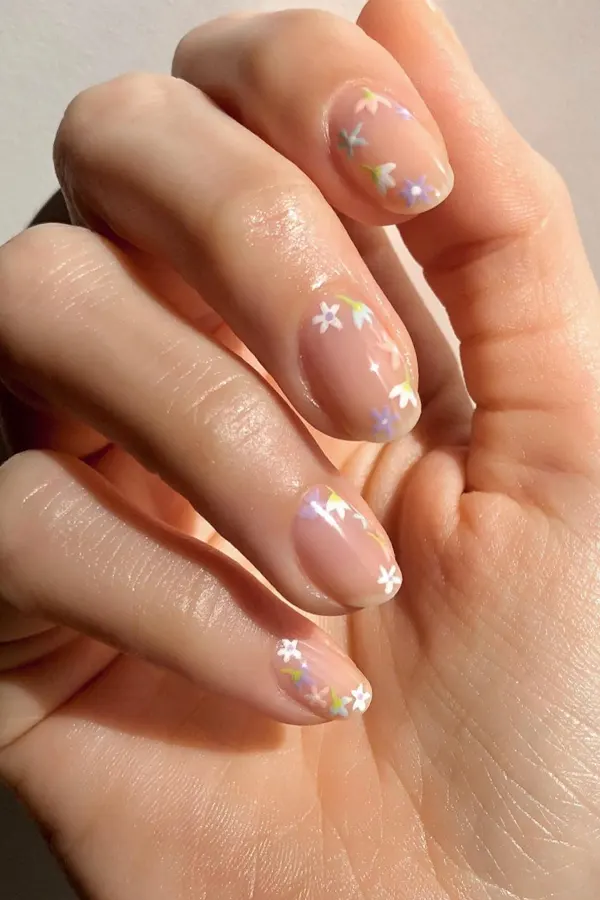 44 Simple Clear Nail Designs For Fresh, Clean, and Modern Mani Look 9 Pastel Florals Clear Nails