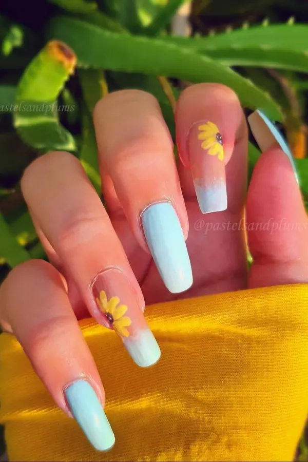 41 Bright and Cheerful Sunflower Nail Designs Ideas You’ll Love to Copy 14 Sky Blue Sunflower Mix Nails