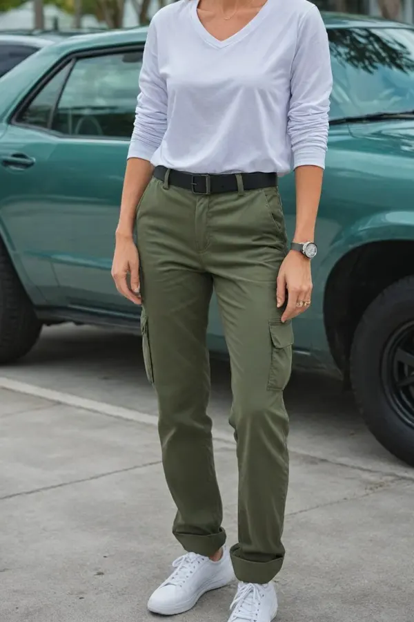 29 Classy Fall Outfits For Women Over 40 & 50 That Prove Age Has No Fashion Limits 9 Slim-Fit Cargo Pants and Long Sleeve Tee for Relaxed Fall Days