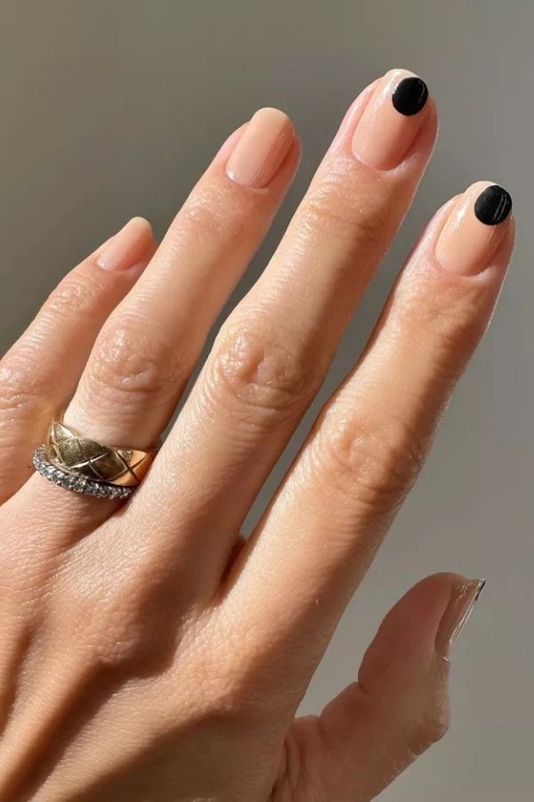 36 Subtle Yet Cute Minimal Nail Designs Mani Ideas You’ll Love to Wear 22 Soft Nude Nails with Abstract Black Dots
