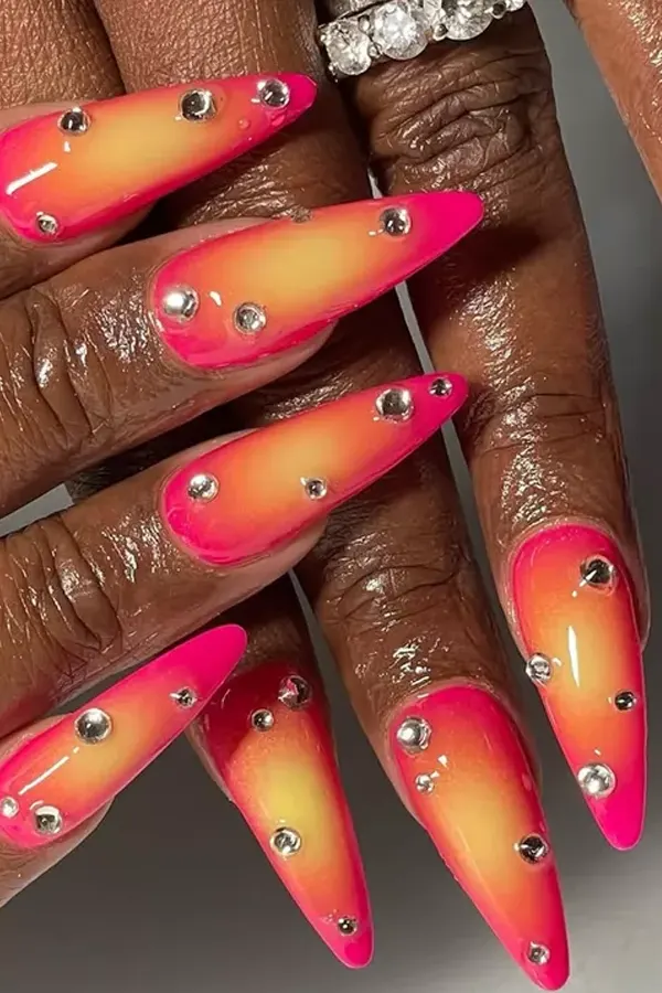 32 Cute Sunset Nails Design Mani Styles That Feel Like Golden Hour 28 Sparkly Rhinestone Fingernails