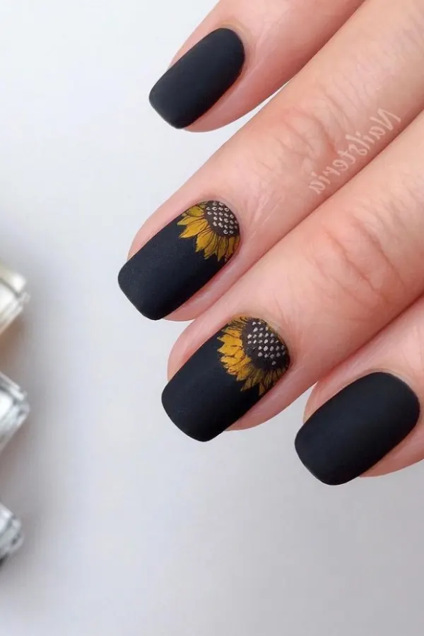 41 Bright and Cheerful Sunflower Nail Designs Ideas You’ll Love to Copy 34 Stamped Black Sunflower Nails Idea