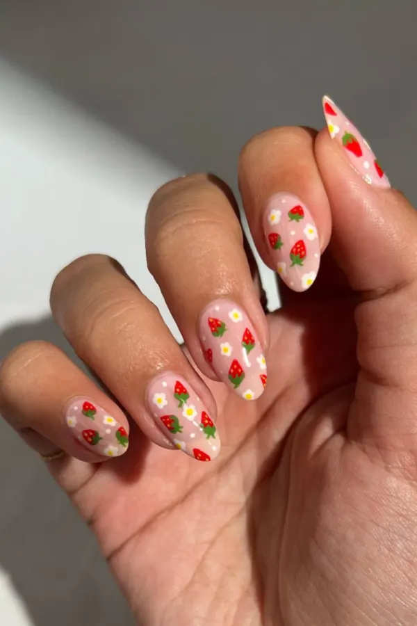 54 Elegant Flower Nail Designs Floral Mani Ideas To Copy This Season 21 Strawberry and Daisy Nail Art for Summer