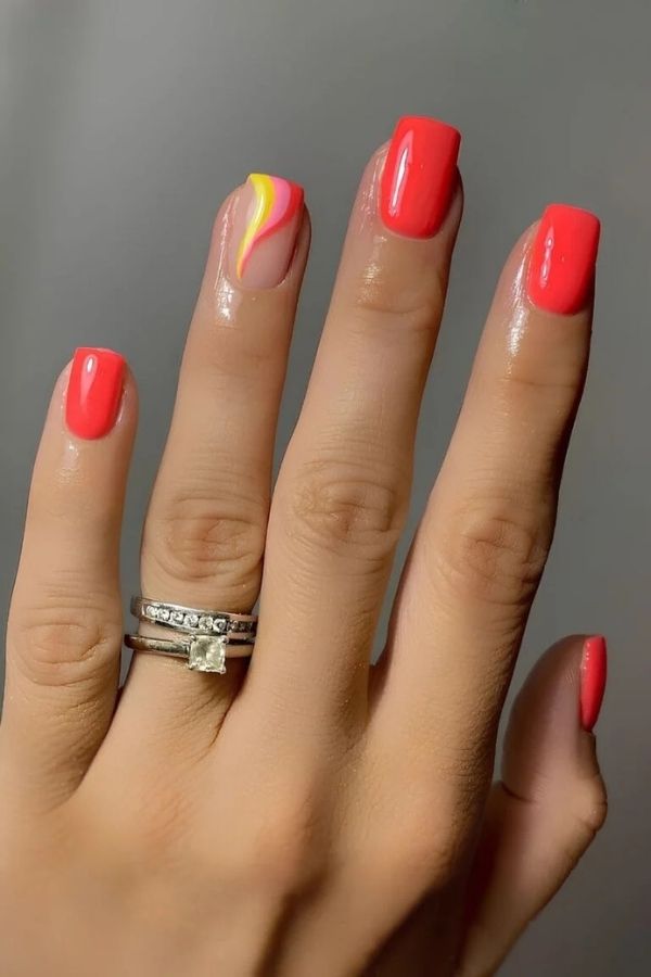 39 Gorgeous Coral Nail Designs Ideas for Short and Long Nails 4 Stripe Accent Coral and Yellow Nails