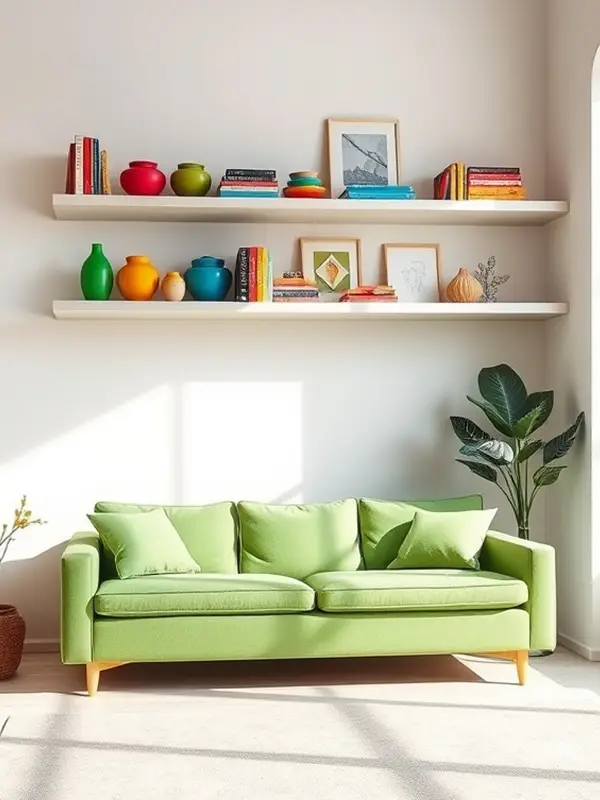 29 Green Couch Living Room Ideas with Bold Style 28 Styled Shelving in a Colorful Living Room
