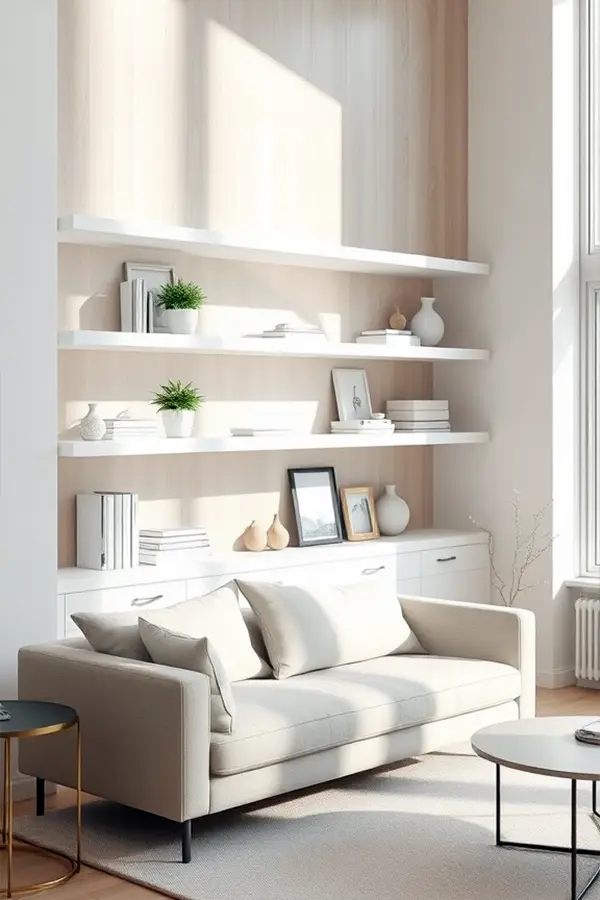 28 Minimalist Living Room Ideas That Feel Bigger 7 Swap Cabinets for Open Shelves