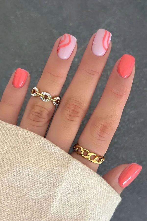 39 Gorgeous Coral Nail Designs Ideas for Short and Long Nails 36 Swirly Coral Manicure Design