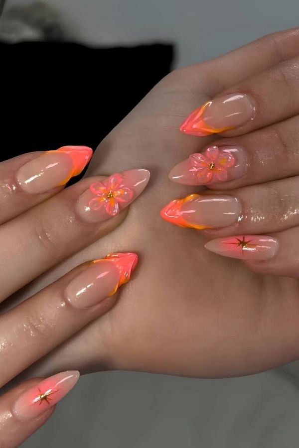 39 Gorgeous Coral Nail Designs Ideas for Short and Long Nails 6 Textured Neon Coral French Tips