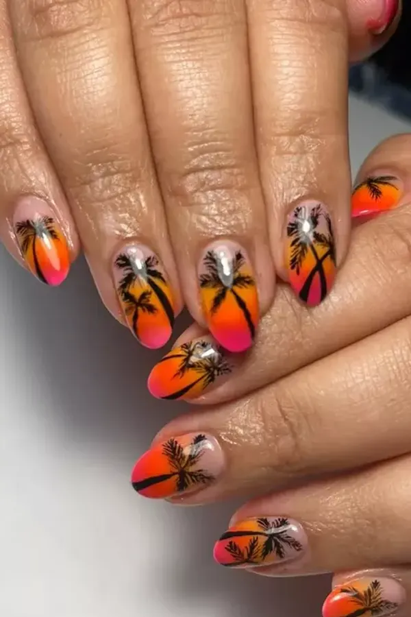 32 Cute Sunset Nails Design Mani Styles That Feel Like Golden Hour 20 Tropical Palm Tree Evening Nails