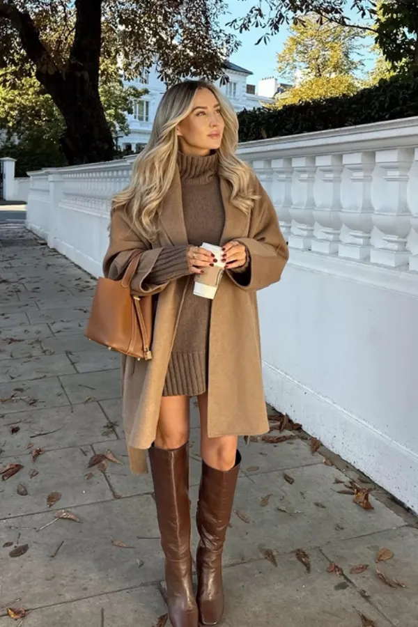 51 Stylish Fall Outfit Ideas for Woman Who Want Comfort and Class 32 Turtleneck Sweater Dress with a Long Coat - Fall Outfit for Woman