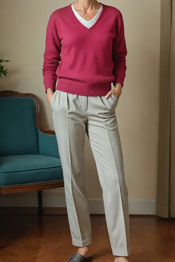 29 Classy Fall Outfits For Women Over 40 & 50 That Prove Age Has No Fashion Limits 26 V-Neck Sweater and Tailored Pants for Effortless Elegance