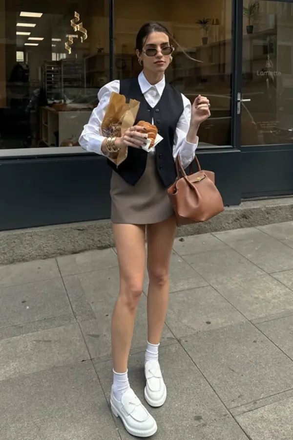 51 Stylish Fall Outfit Ideas for Woman Who Want Comfort and Class 44 Waistcoat and Shirt with a Skirt for Parisian Fall Vibes - Fall Outfit for Woman