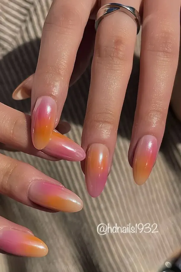 32 Cute Sunset Nails Design Mani Styles That Feel Like Golden Hour 22 Warm Pink and Orange Chrome Nails