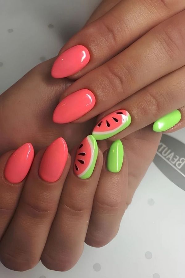 39 Gorgeous Coral Nail Designs Ideas for Short and Long Nails 31 Watermelon Fruit Coral Nails