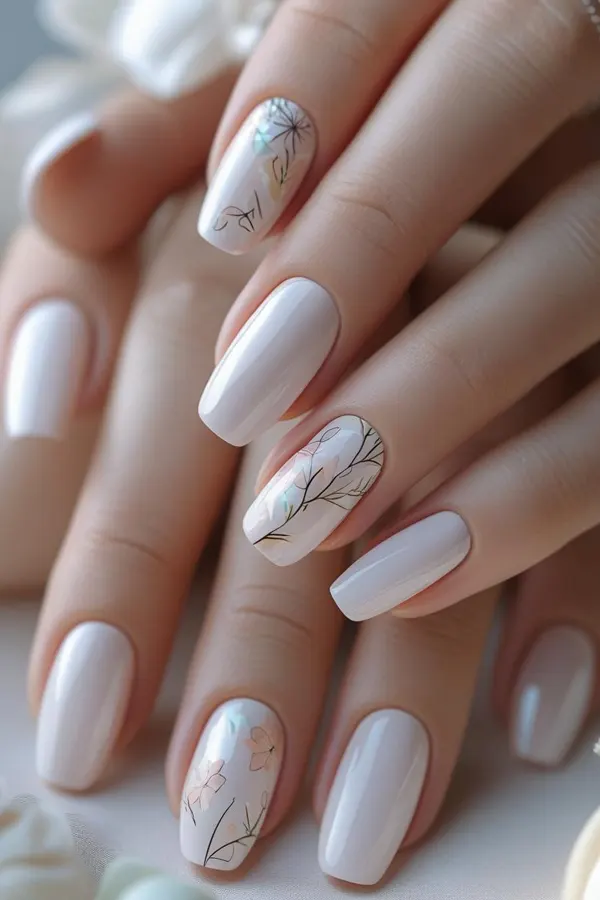 37. Glam Fall Wedding Nail Ideas For Guests & Bride That Look Great in Every Photo 3 White & Nude Wedding Nails with Delicate Floral Accents