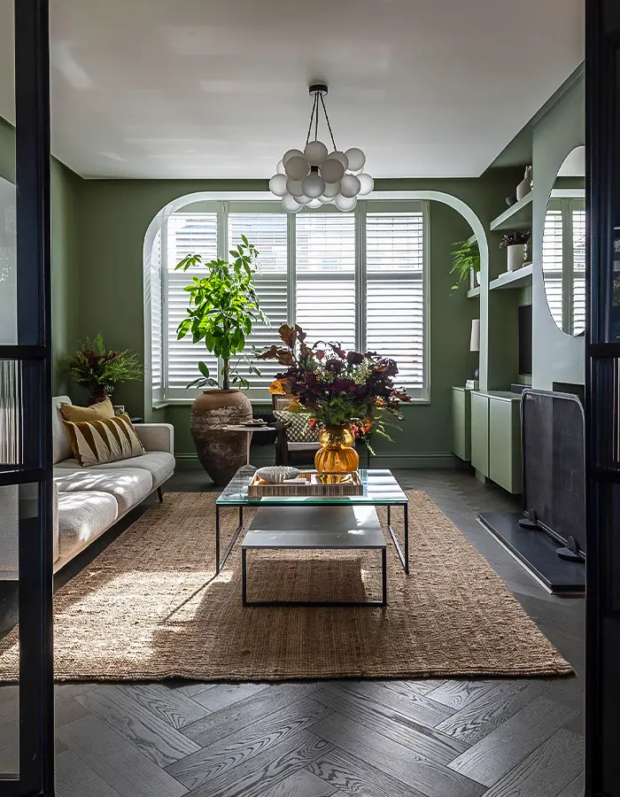 46 Green And Beige Living Room Ideas With Calm Style 12 Wide View of a Happy Space