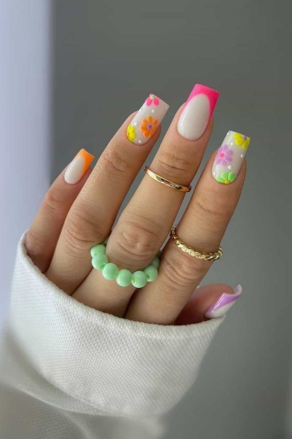 Bright Flower Neon Nail Designs For July