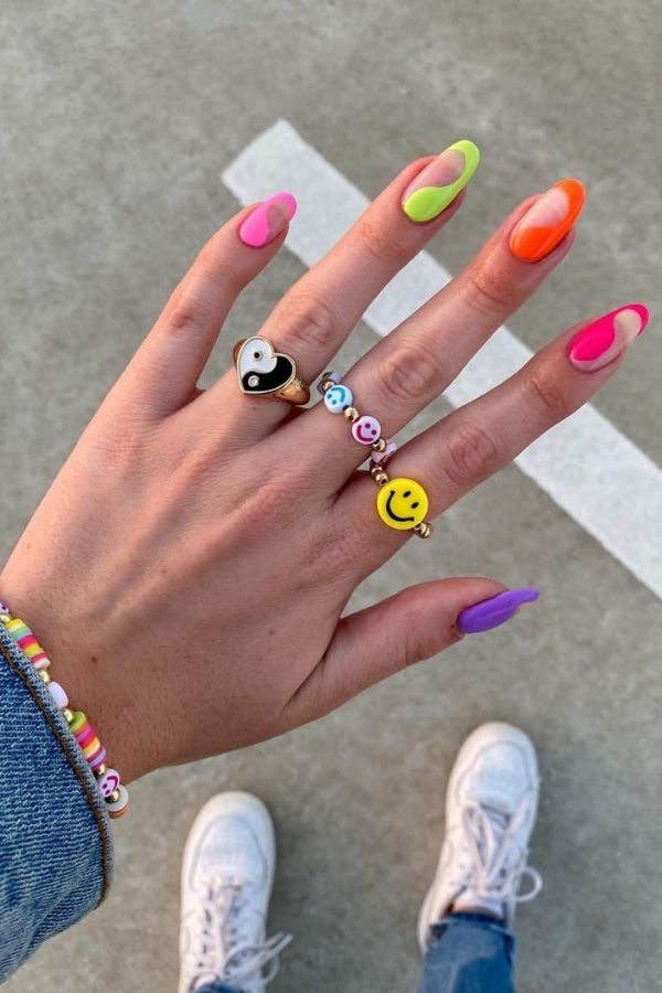 Electric Neon Colorful Swirls Nails For July