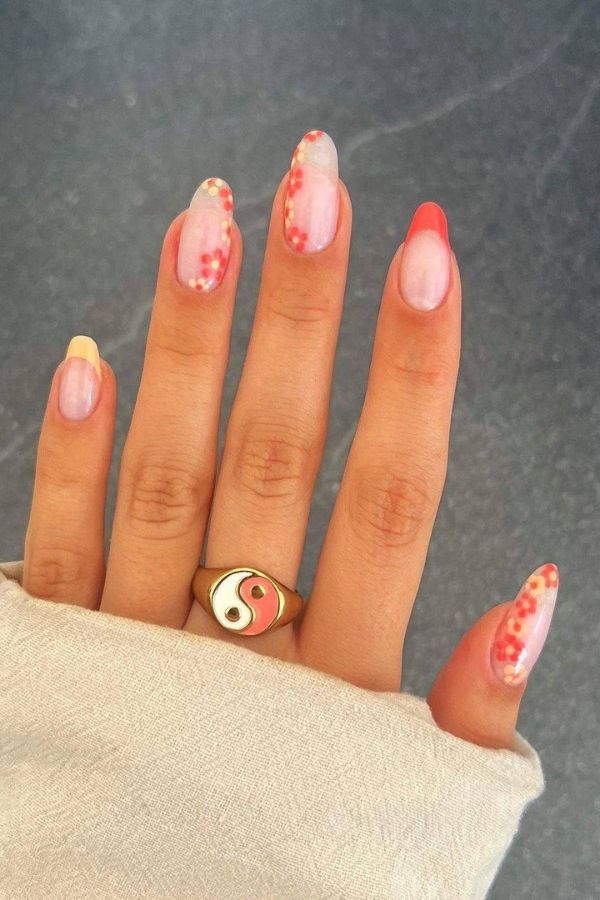 Orange Floral Simple July Nails