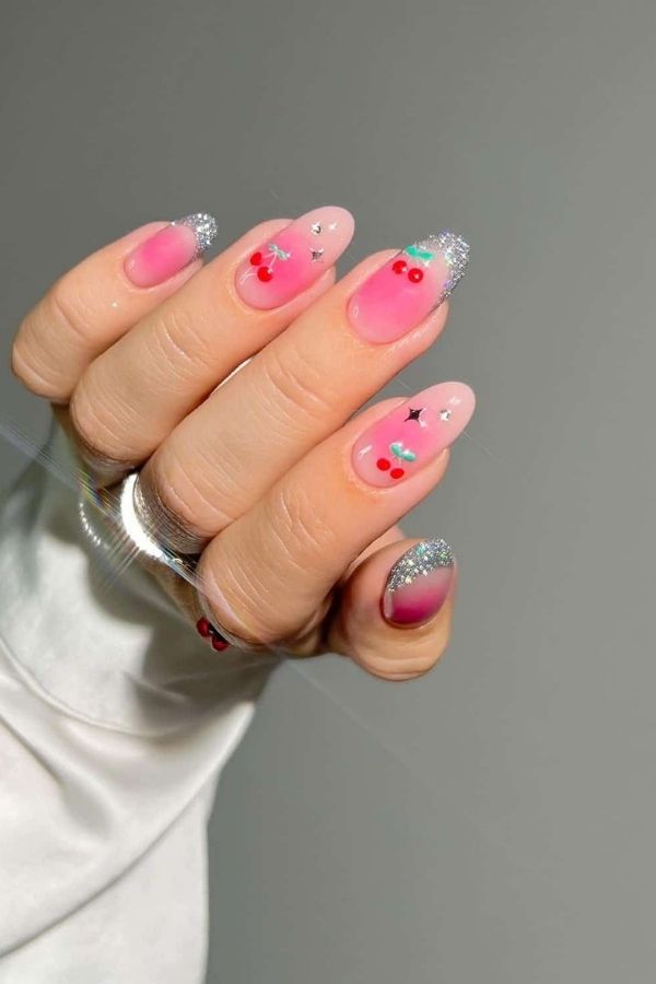 Sweet Cherry Glitter Nails For July