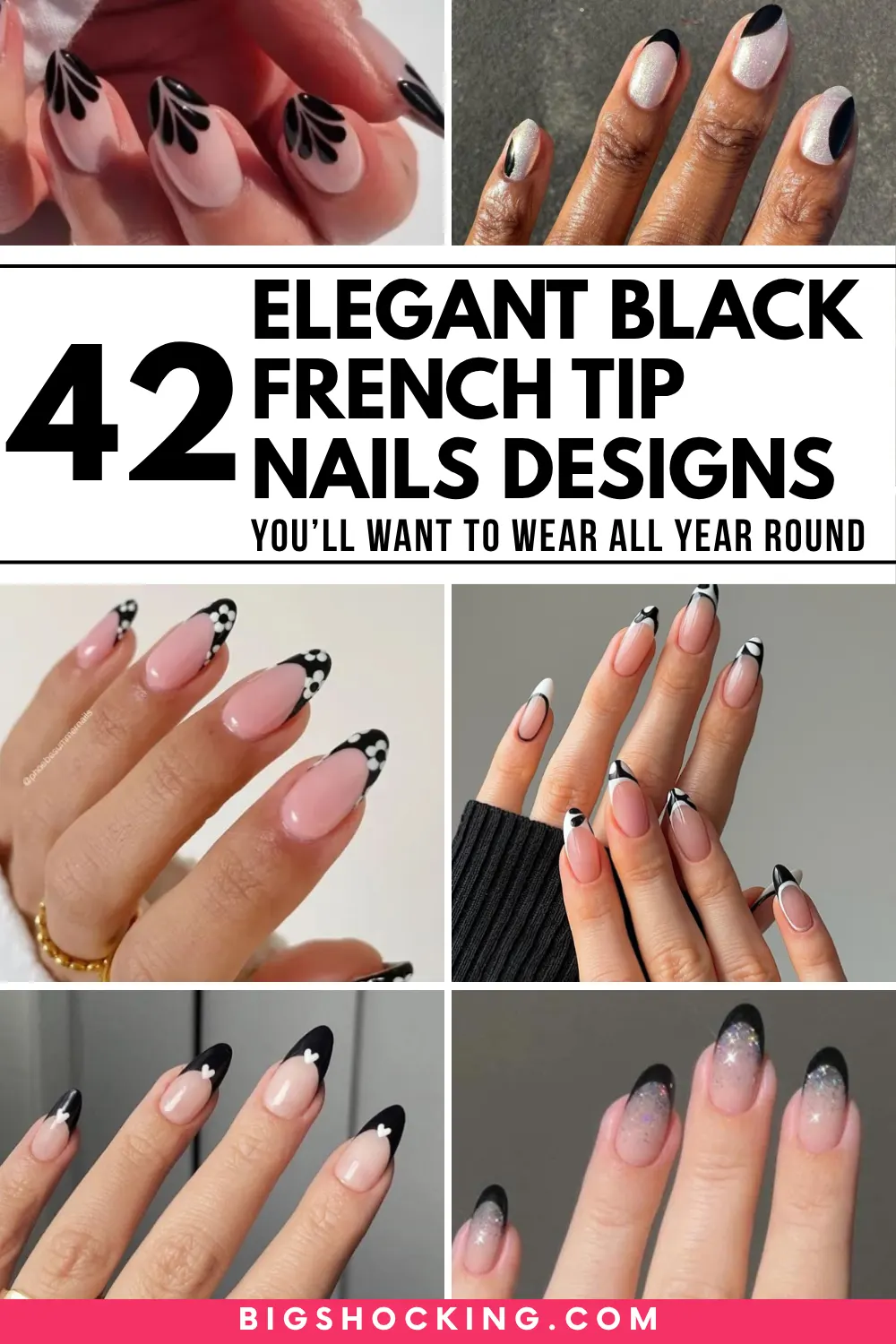 Elegant Black French Tip Nails and Nail Ideas with Pink Gold Glitter Designs