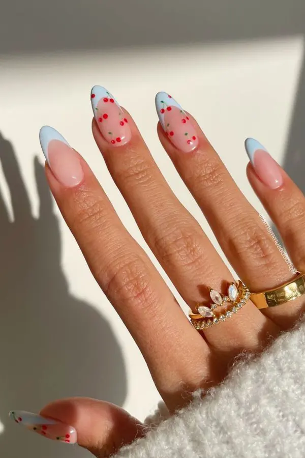 Blue French Tips with Cherries
