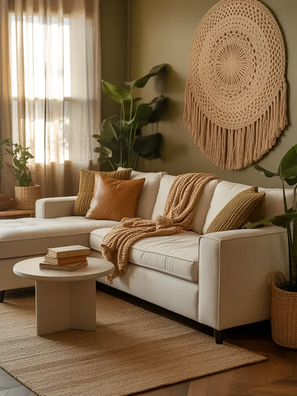 Boho Living Room With Tan And Olive