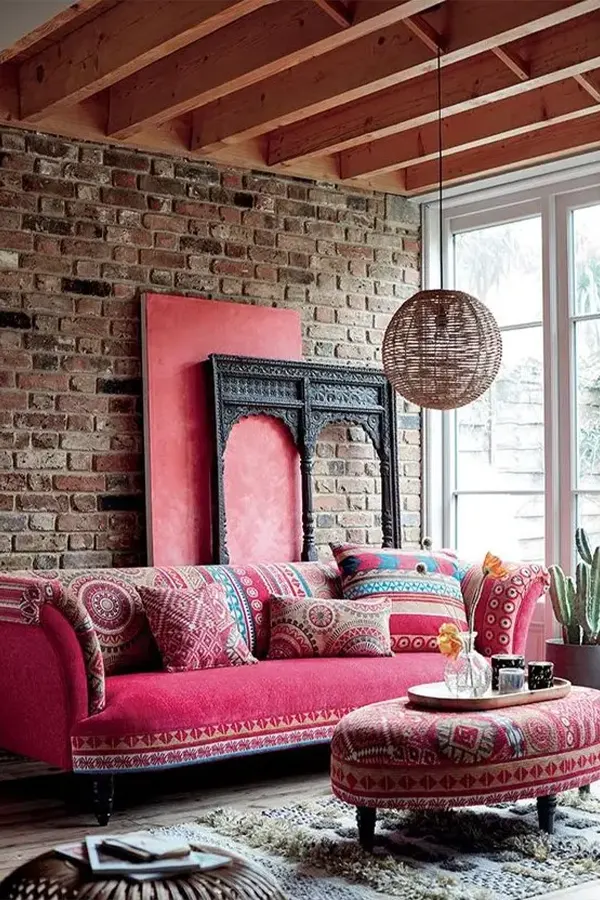 Boho Pink Living Room With Brick Wall