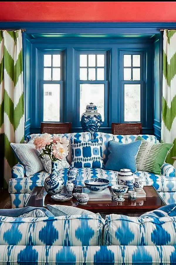 Bold Maximalist Blue White Living Room
