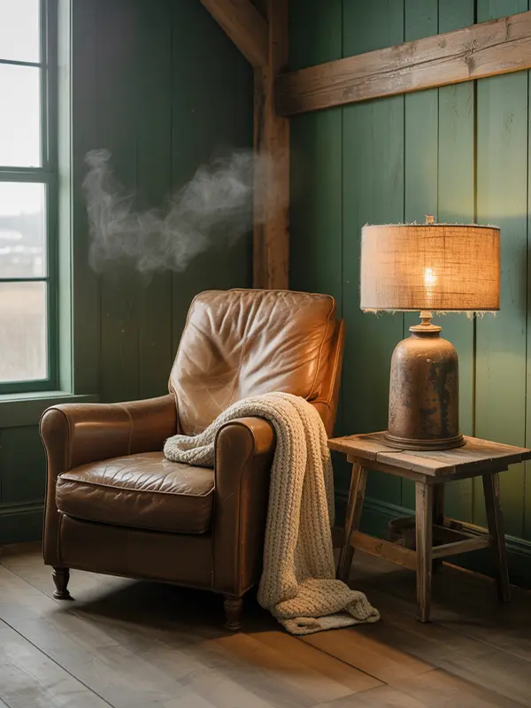 Bottle Green Living Room With Rustic Wood
