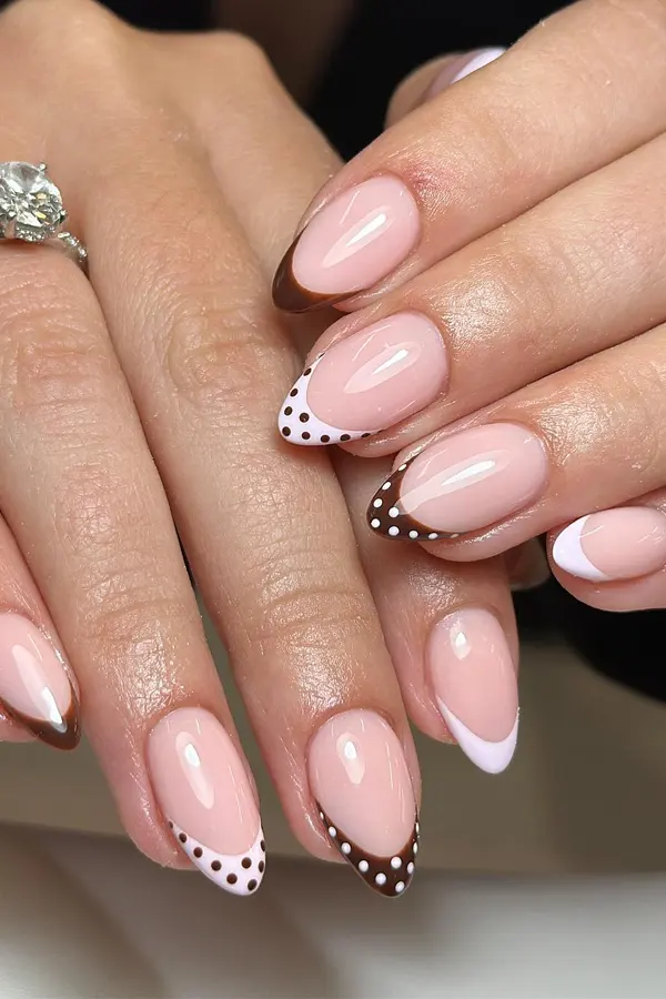 Brown and White Dotted Nails