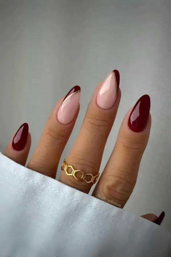 Burgundy Gold Accents Nails