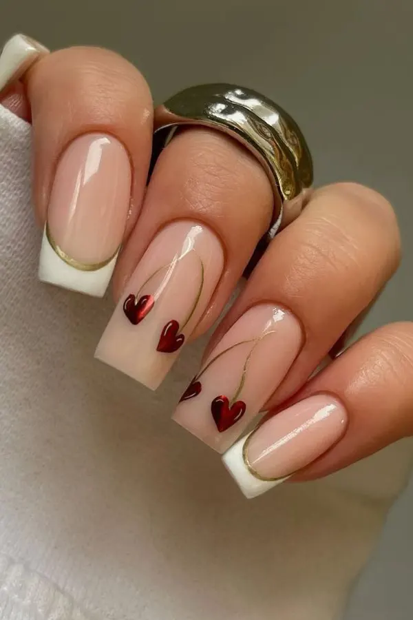 Cherry Heart Gold Line French Tips