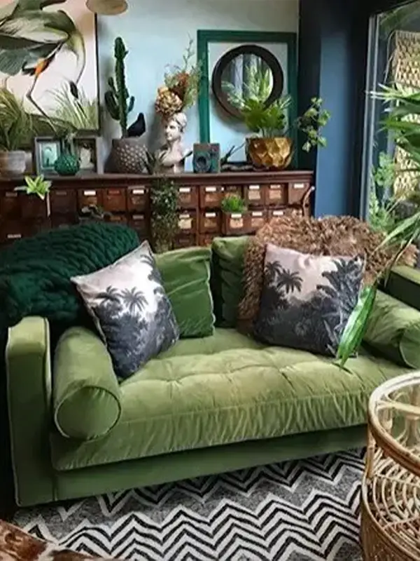 Chic Living Room With Light Green And Wood