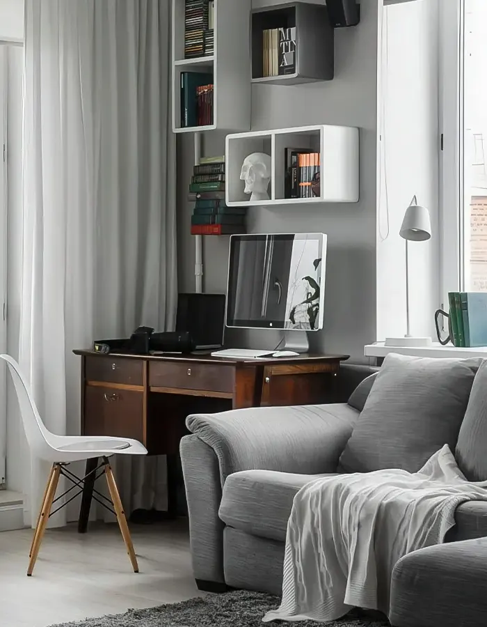 Contemporary Living Room with Vintage Desk