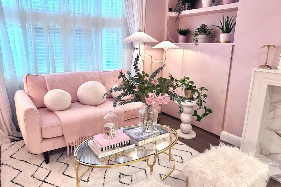 Cozy Pink Living Room With Bouclé Accents
