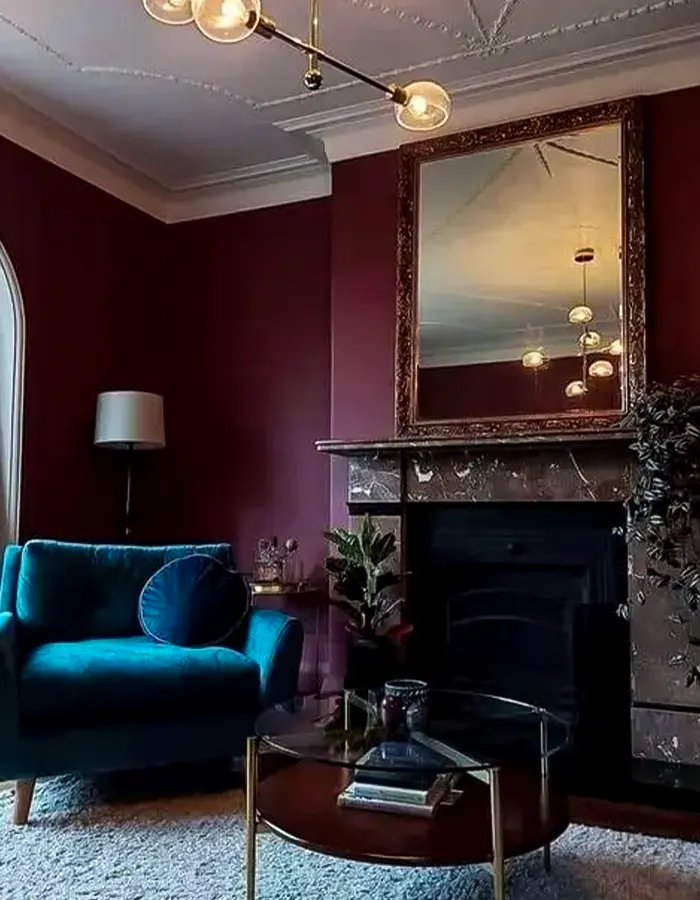 Deep Purple Living Room With Fireplace