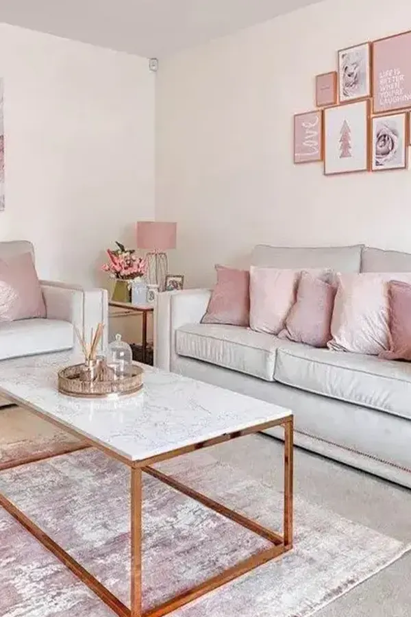 Delicate Pink Living Room With Neutral Seating