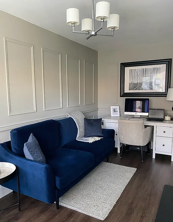 Elegant Living Room Office with Navy Sofa