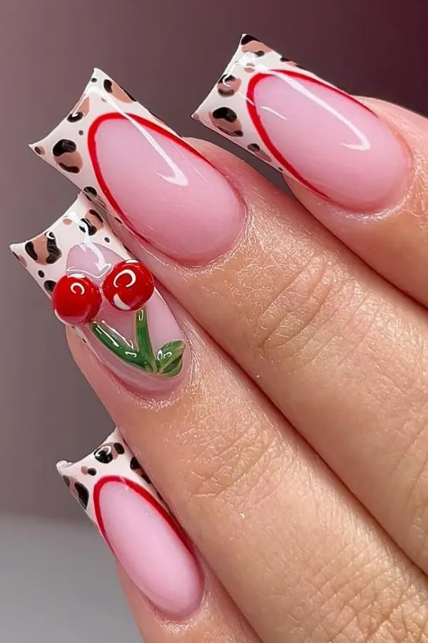 Glossy Cherry Accent Nails